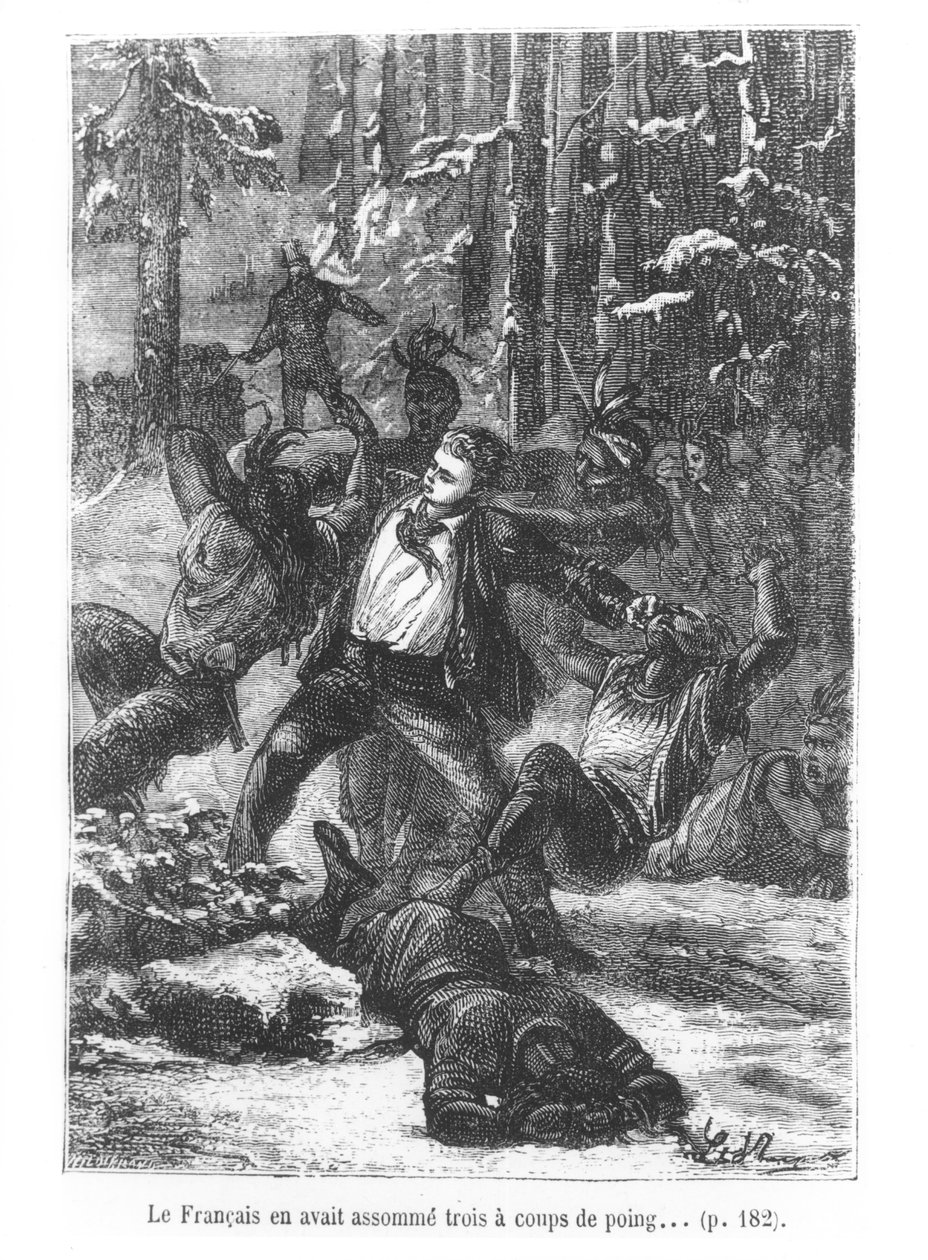 O francês foi capaz de achatar três deles com um soco, ilustração de todo o mundo em oitenta dias por Jules Verne (1828-1905) gravado por Henri Theophile Hildibrand (1824-97) 1873 (gravado de Hippolyte Leon Benett