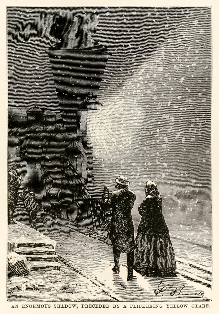 Uma enorme sombra, precedida por um lampejo amarelo, de Volta ao Mundo em Oitenta Dias, de Jules Verne (1828-1905), gravada por Adolphe François Pannemaker (1822-1900), 1873 de Hippolyte Leon after Benett