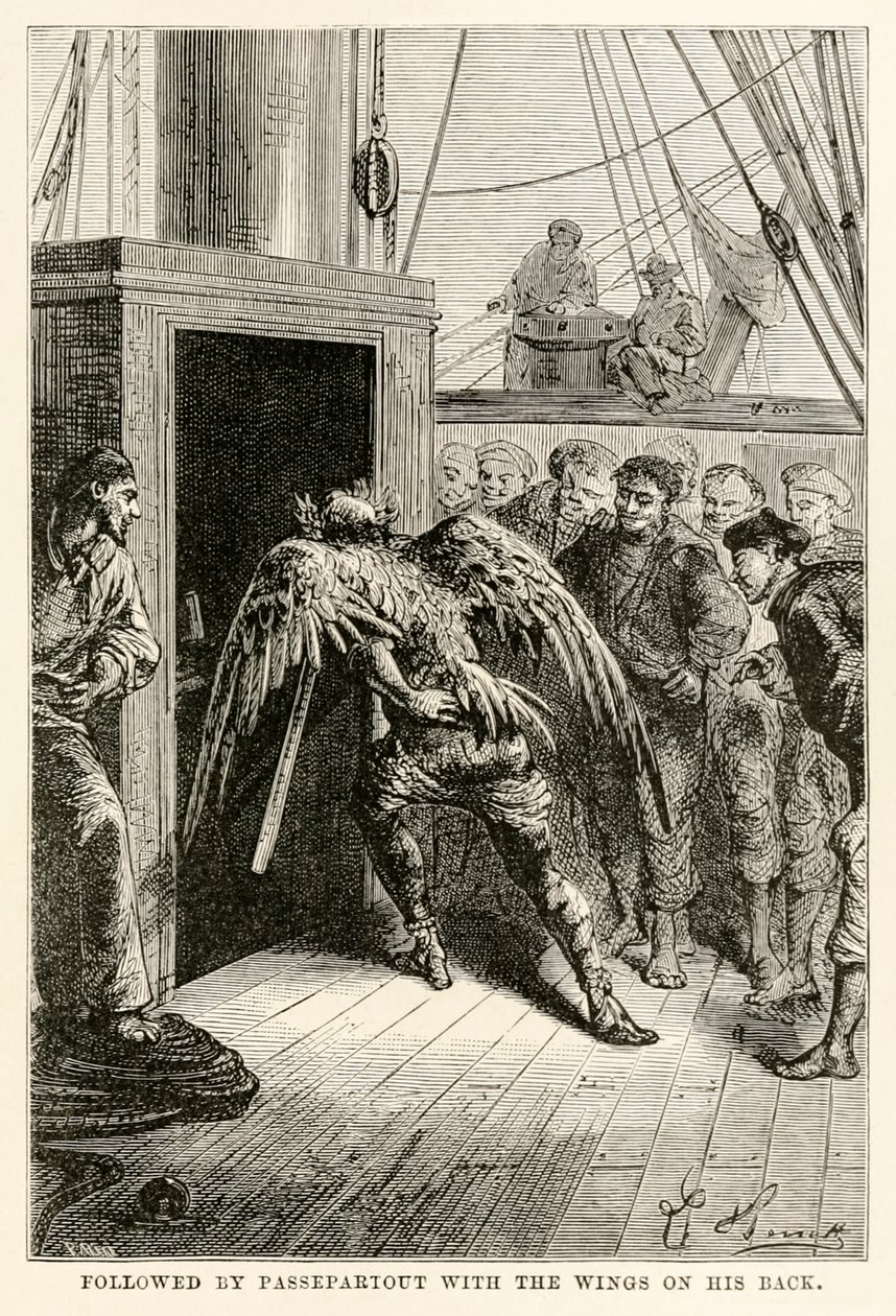 Seguido por Passepartout com as asas nas costas, de todo o mundo em oitenta dias por Jules Verne (1828-1905), gravado por Adolphe François Pannemaker (1822-1900), 1873 de Hippolyte Leon after Benett
