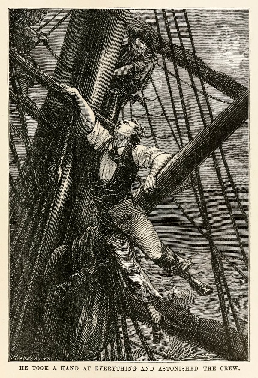 Ele pegou uma mão em tudo e surpreendeu a tripulação de Volta ao Mundo em Oitenta Dias, de Jules Verne (1828-1905), gravada por Henri-Théophile Hildebrand (1824-97), 1873 de Hippolyte Leon after Benett