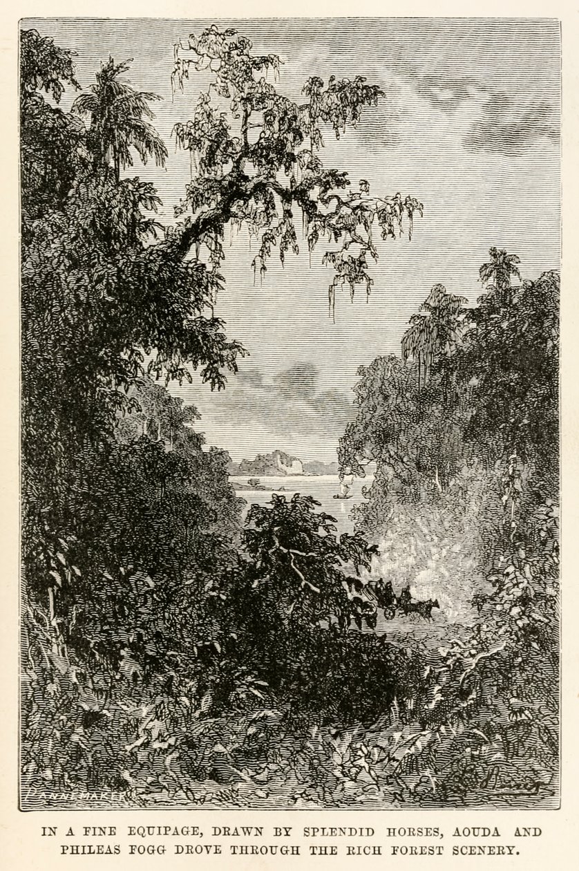 Em uma boa equipagem, puxada por cavalos esplêndidos, Aouda e Phileas Fogg atravessaram a rica paisagem da floresta, de Volta ao Mundo em Oitenta Dias, de Jules Verne (1828-1905), gravada por Henri-Théophile de Hippolyte Leon after Benett