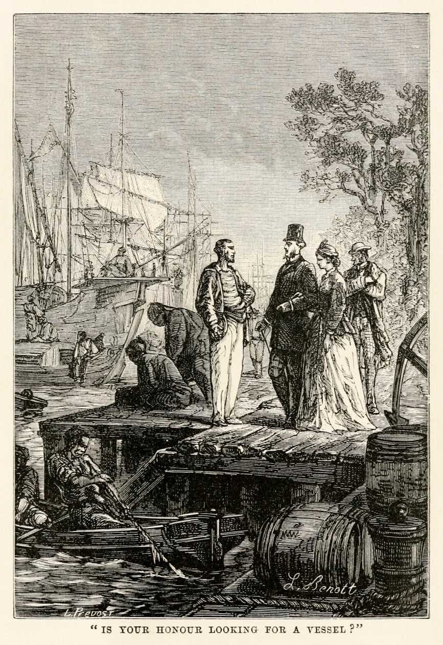 É sua honra procurar um navio , de todo o mundo em oitenta dias por Jules Verne (1828-1905), gravado por Louis Prevost, 1873 de Hippolyte Leon after Benett