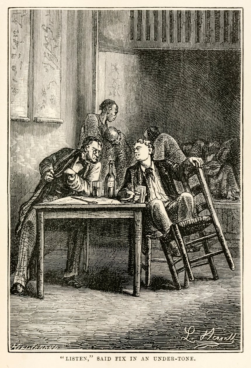 Ouça, disse Fix num tom baixo, de Volta ao Mundo em Oitenta Dias, de Jules Verne (1828-1905), gravado por Henri-Théophile Hildebrand (1824-97), 1873 de Hippolyte Leon after Benett