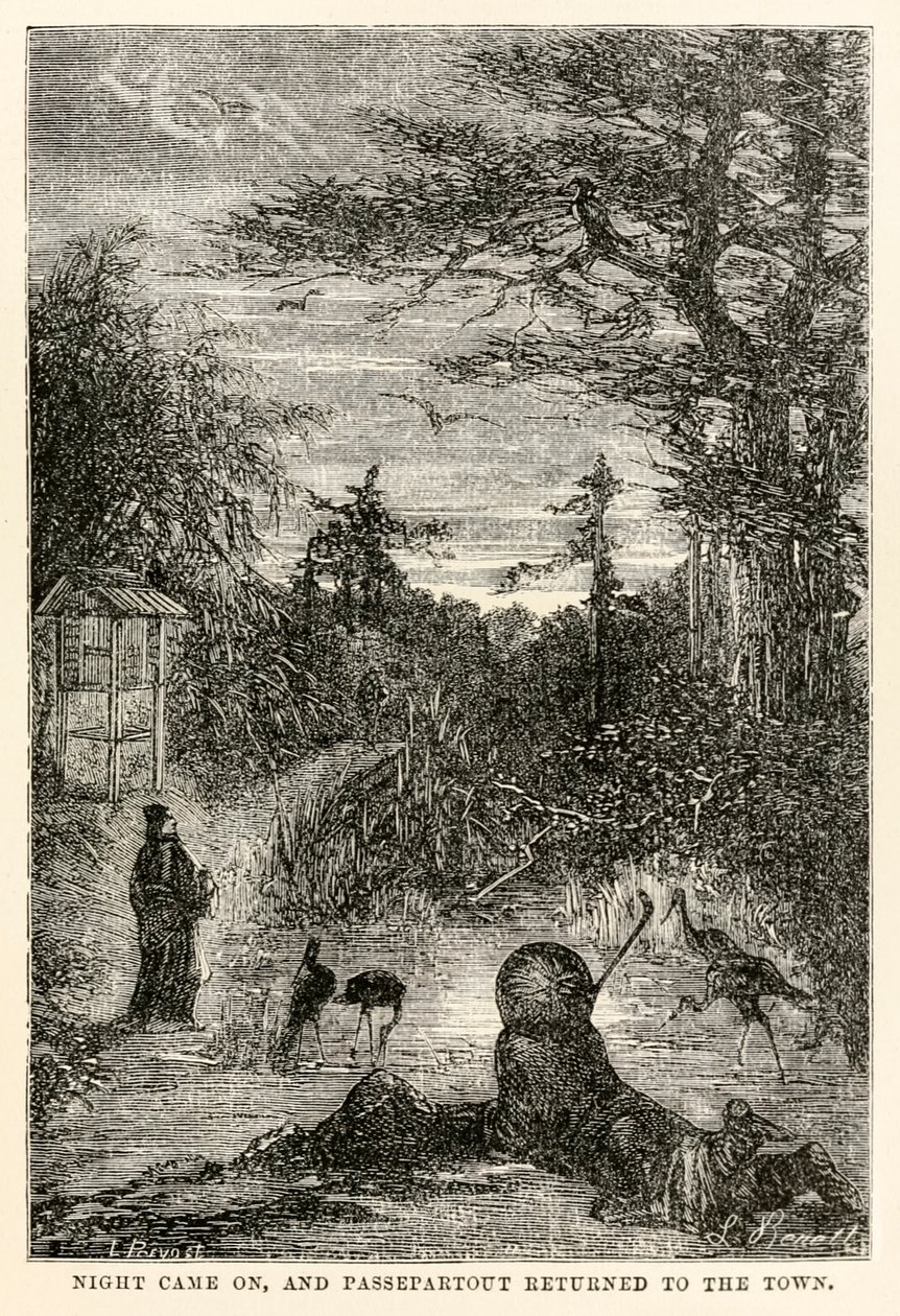 A noite chegou e Passepartout retornou à cidade, de Volta ao Mundo em Oitenta Dias, de Jules Verne (1828-1905), gravada por Louis Prevost, 1873. de Hippolyte Leon after Benett