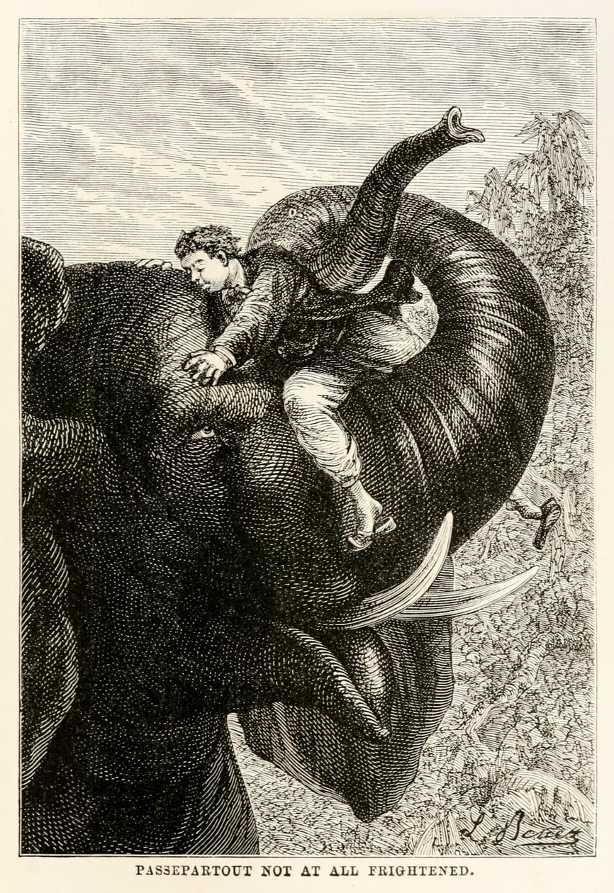 Passepartout nem um pouco assustado, de Volta ao Mundo em Oitenta Dias por Jules Verne (1828-1905), 1873 de Hippolyte Leon after Benett