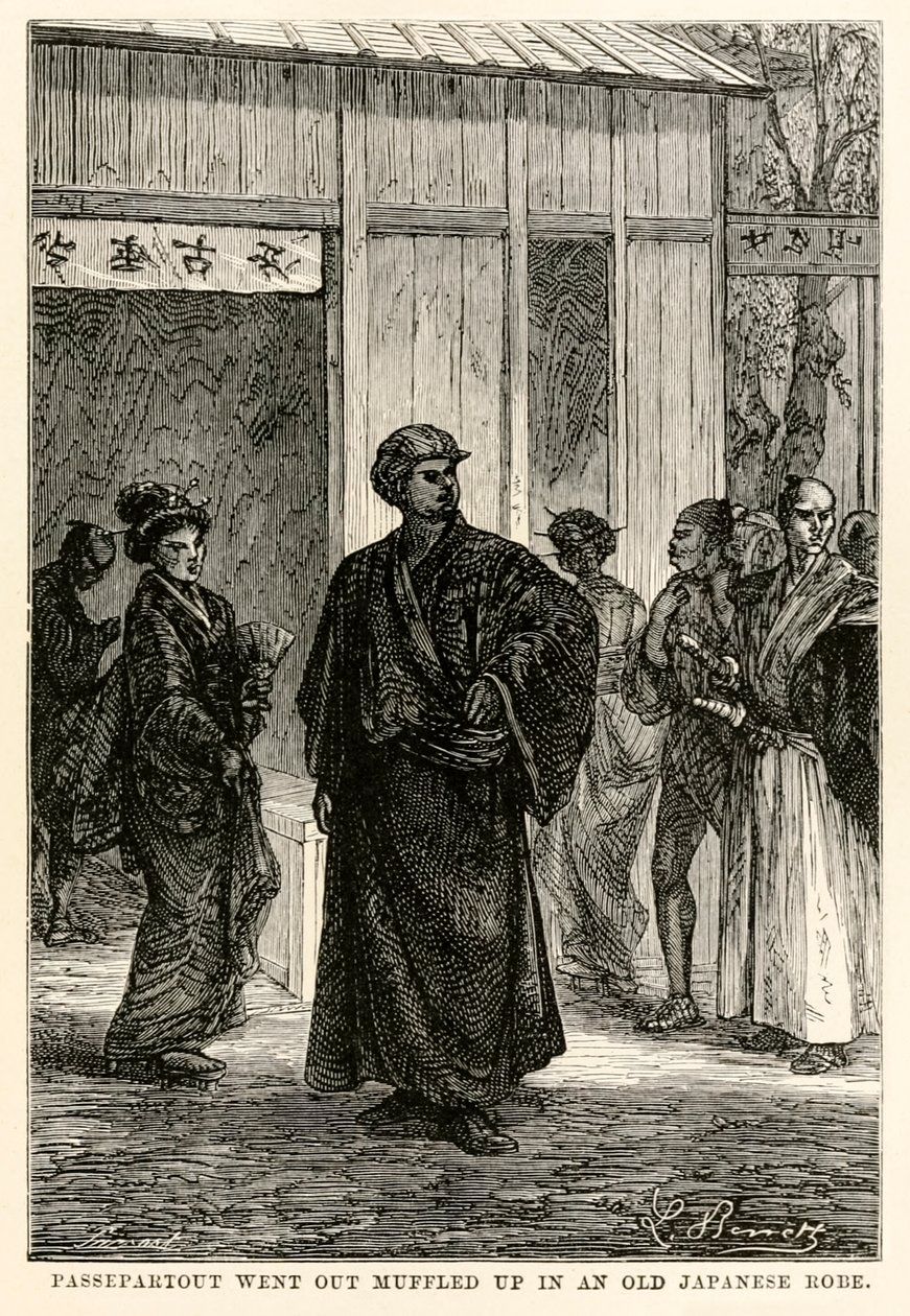 Passepartout saiu abafado em um antigo manto japonês, de Volta ao Mundo em Oitenta Dias, de Jules Verne (1828-1905), gravado por Louis Prevost, 1873 de Hippolyte Leon after Benett