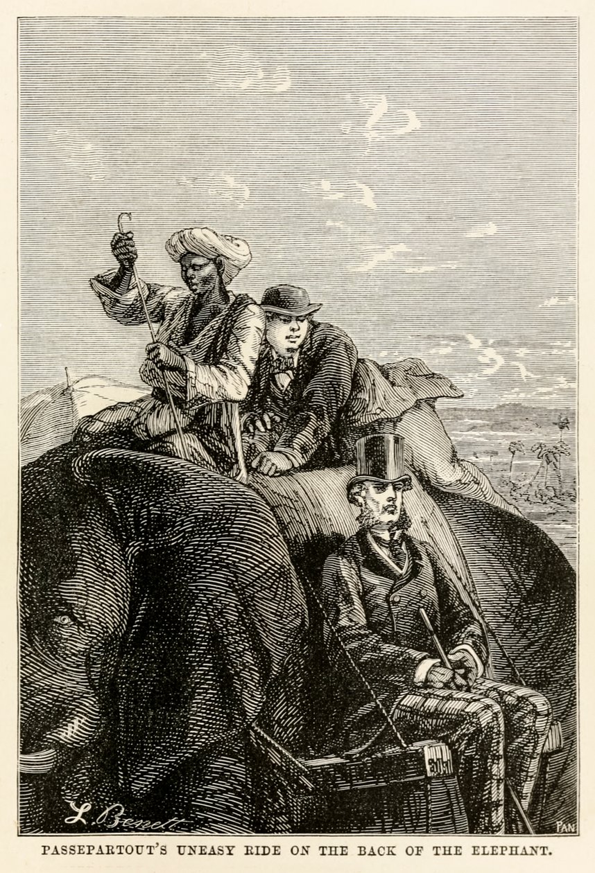 Passepartouts passeio incômodo na parte de trás do elefante, de todo o mundo em oitenta dias por Jules Verne (1828-1905), engrossado por Adolphe François Pannemaker (1822-1900) 1873 de Hippolyte Leon after Benett