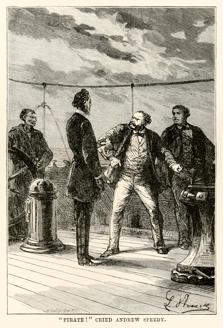 Pirata! gritou Andrew Speedy., de todo o mundo em oitenta dias por Jules Verne (1828-1905) gravado por Louis Dumont (n.1822) 1873 de Hippolyte Leon after Benett