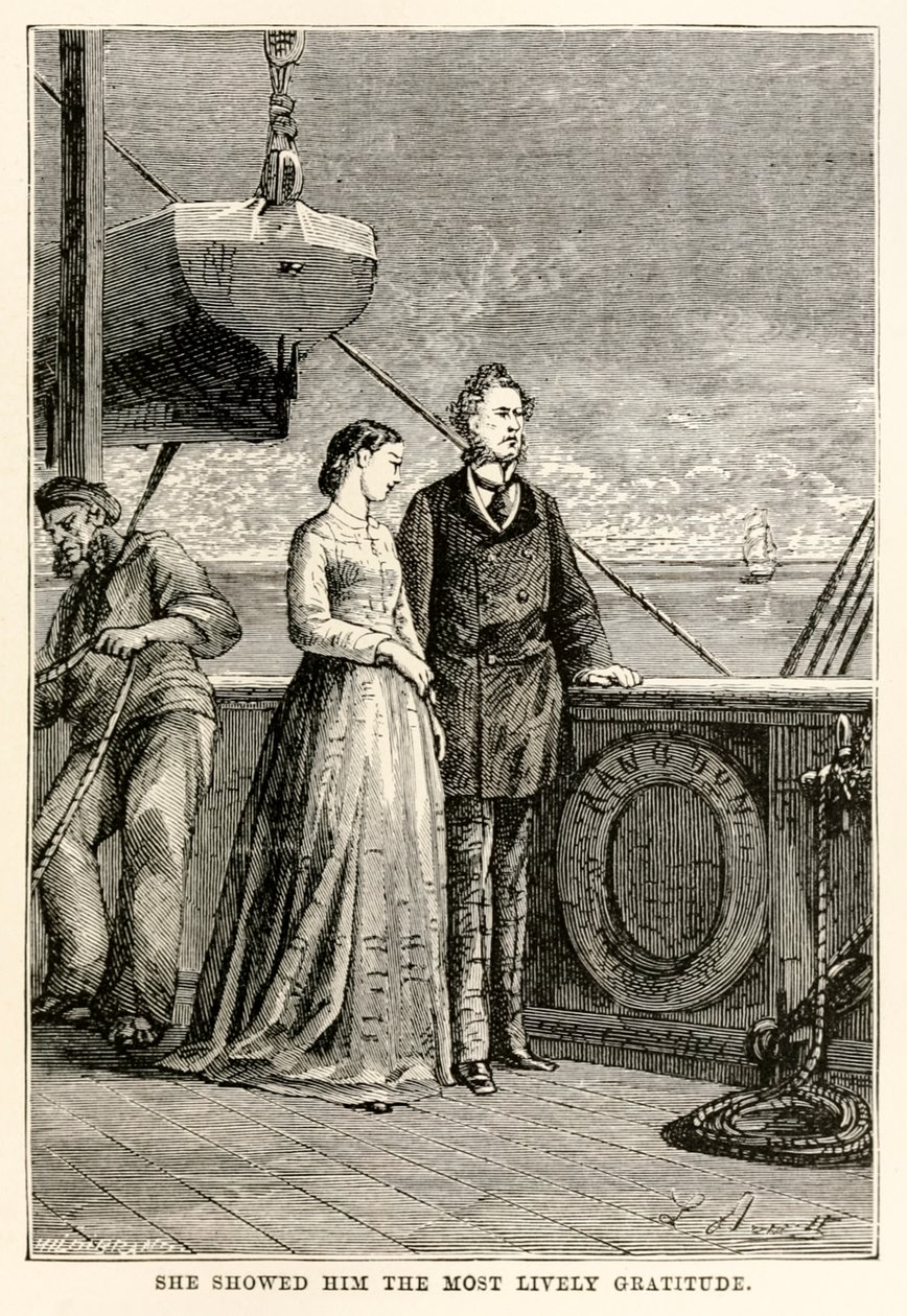 Ela mostrou-lhe a mais viva gratidão de Volta ao Mundo em Oitenta Dias, de Jules Verne (1828-1905), gravada por Henri-Théophile Hildebrand (1824-97), 1873 de Hippolyte Leon after Benett