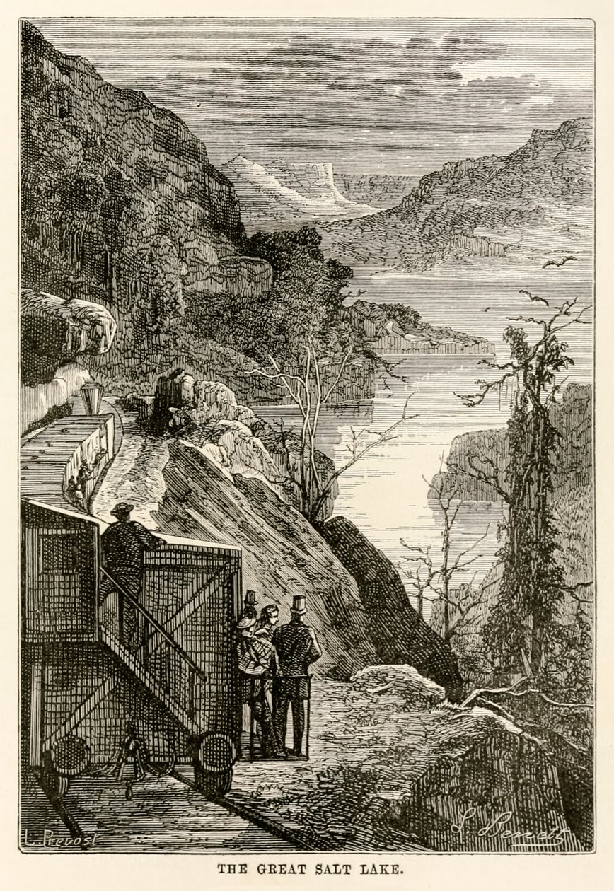 O Grande Lago Salgado, de todo o mundo em oitenta dias por Jules Verne (1828-1905) gravado por Prévost, 1873 de Hippolyte Leon after Benett