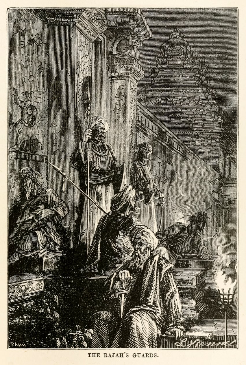 Os guardas dos rajás, de todo o mundo em oitenta dias por Jules Verne (1828-1905), gravados por Adolphe François Pannemaker (1822-1900), 1873 de Hippolyte Leon after Benett