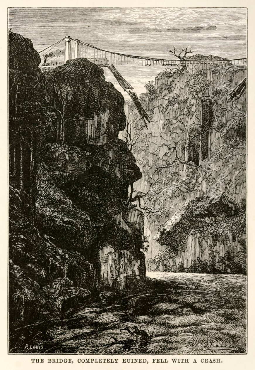 A ponte, completamente arruinada, caiu com um estrondo, de todo o mundo em oitenta dias por Jules Verne (1828-1905) gravado por Louis, 1873 de Hippolyte Leon after Benett