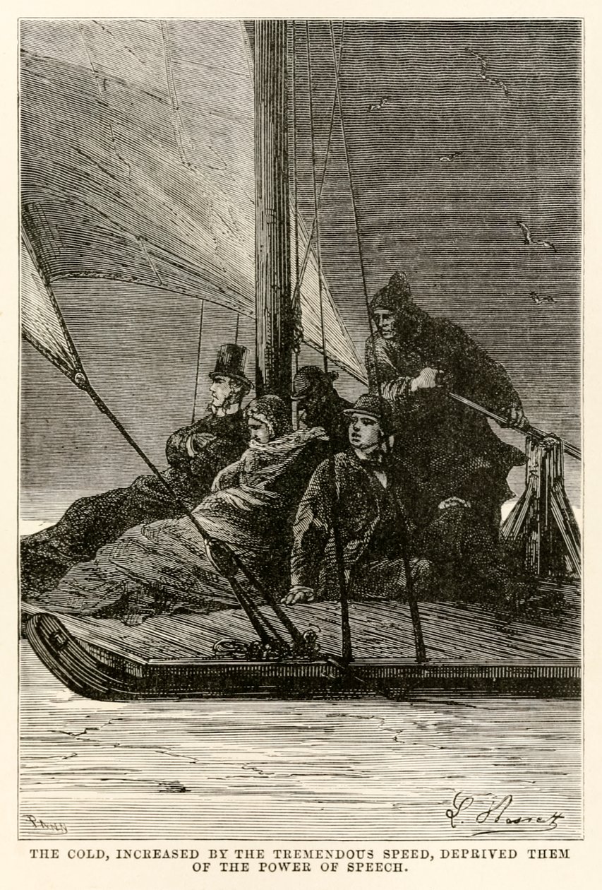O frio, aumentado pela tremenda velocidade, privou-os do poder da fala, de Volta ao Mundo em Oitenta Dias, de Júlio Verne (1828-1905), gravado por Adolphe François Pannemaker (1822-1900), de Hippolyte Leon after Benett