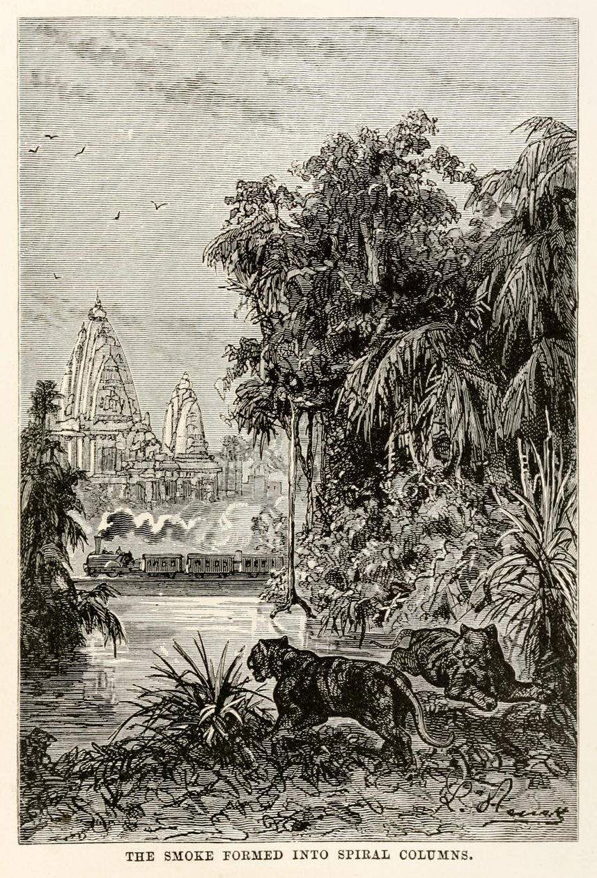 A fumaça se formou em colunas espirais, de todo o mundo em oitenta dias por Jules Verne (1828-1905), 1873 de Hippolyte Leon after Benett