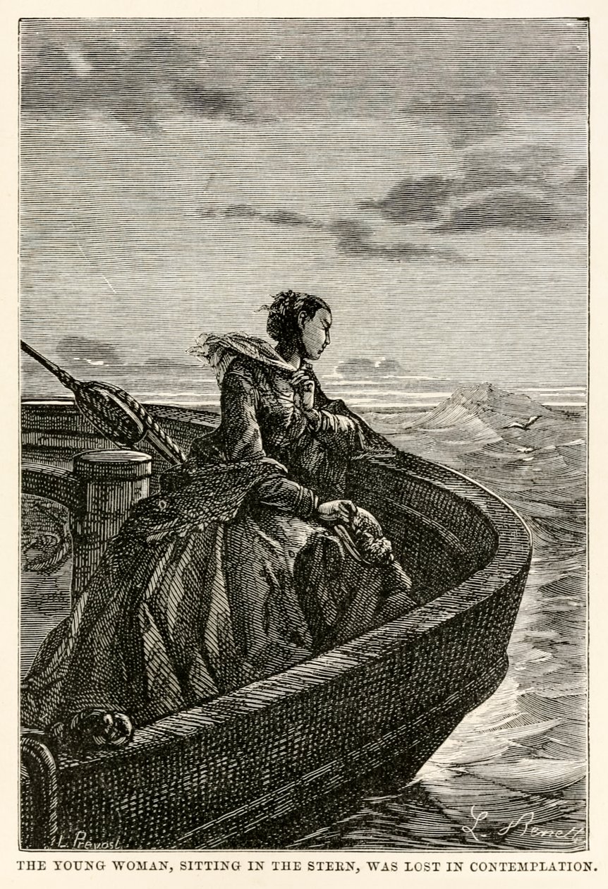 A jovem mulher, sentada na popa, foi perdida em contemplação, de Volta ao Mundo em Oitenta Dias por Jules Verne (1828-1905), gravada por Jean Louis Prevost, (1790-1850), 1873 de Hippolyte Leon after Benett