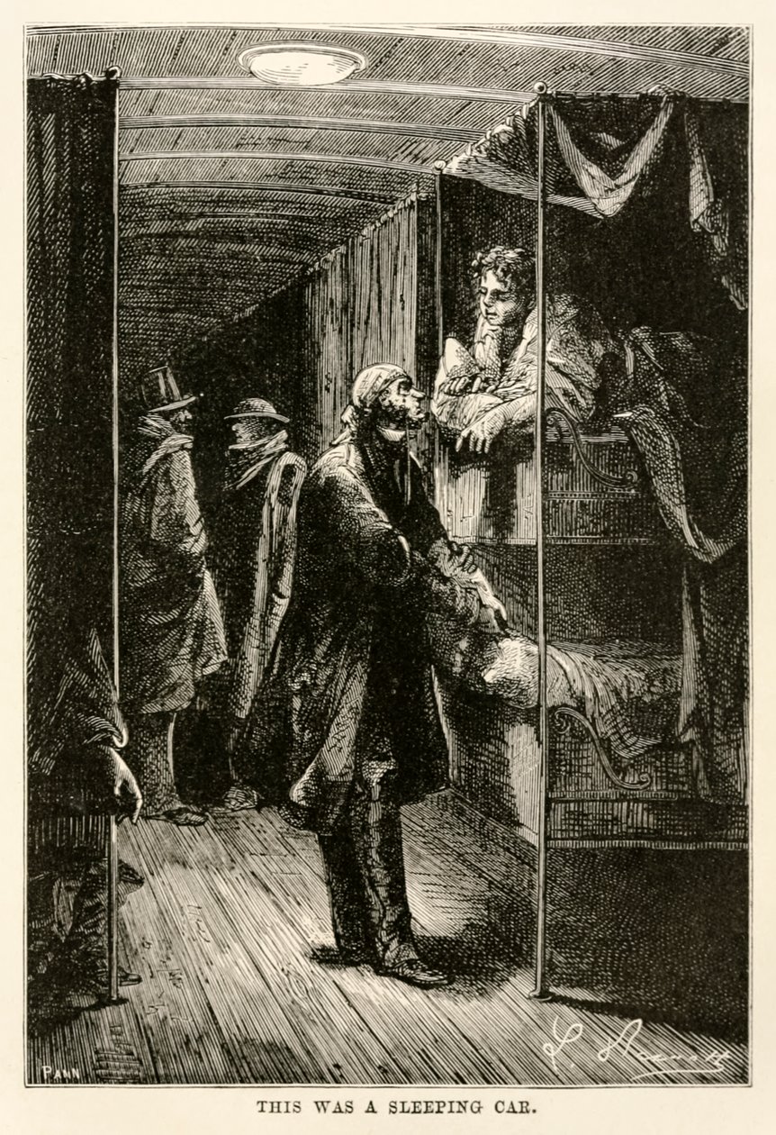Este foi um carro para dormir, de todo o mundo em oitenta dias por Jules Verne (1828-1905) gravado por Adolphe François Pannemaker (1822-1900), 1873 de Hippolyte Leon after Benett