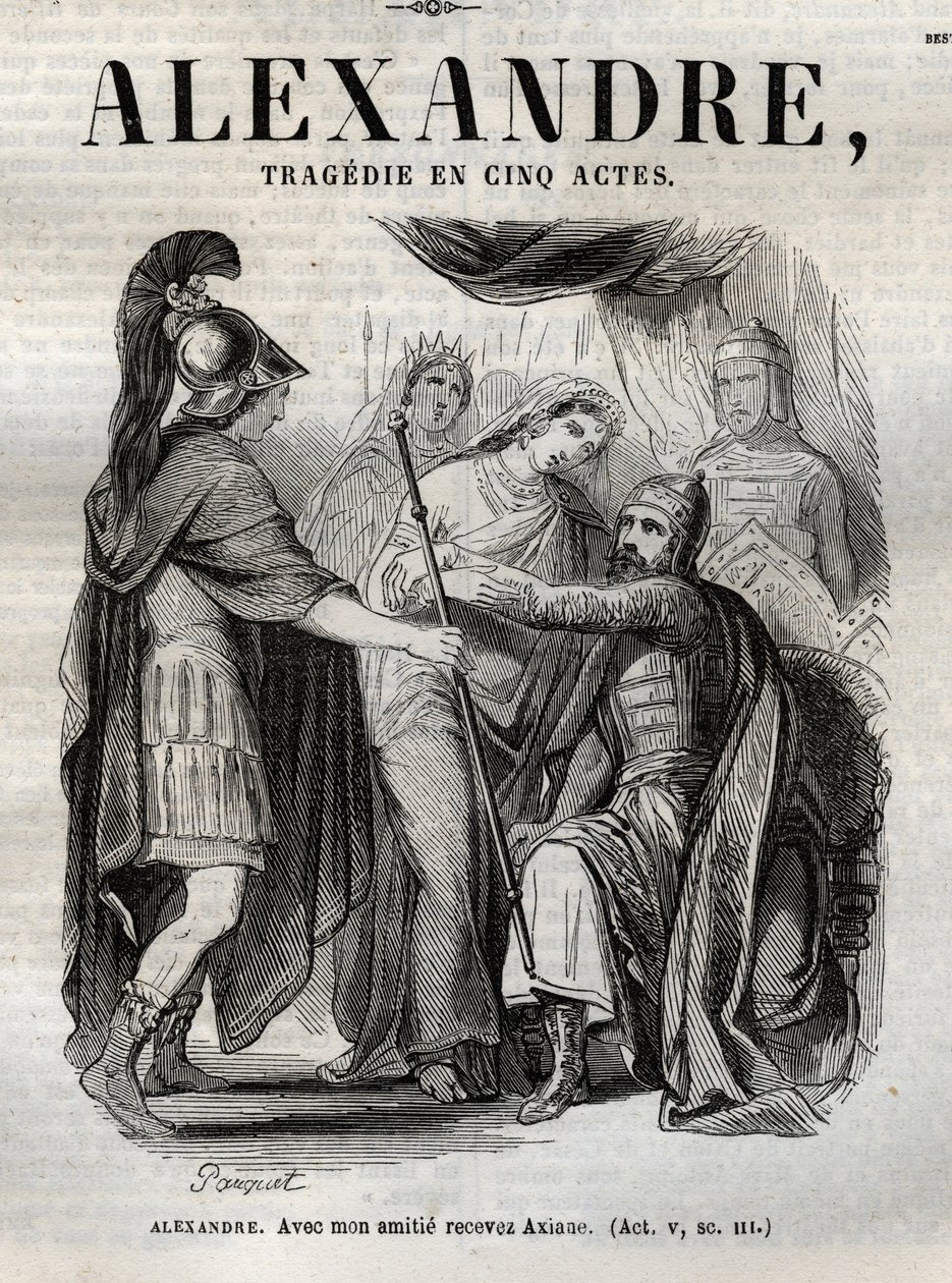 Alexander. Com minha amizade recebe Axiane - Alexandre o Grande Tragédia em cinco atos - gravada em "Obras de Jean Racine" ilustrada por Pauquet e notada por Emile de La Bedolliere - 1851 de Hippolyte Louis Pauquet