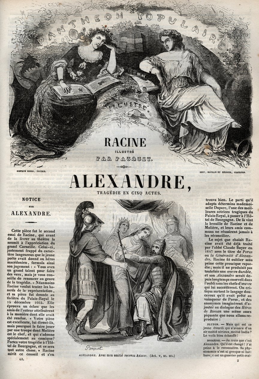 Alexandre le Grand tragedie en cinq actes - gravura em "Oeuvres de Jean Racine" ilustrada por Pauquet e nota de Emile de La Bedolliere - 1851 de Hippolyte Louis Pauquet