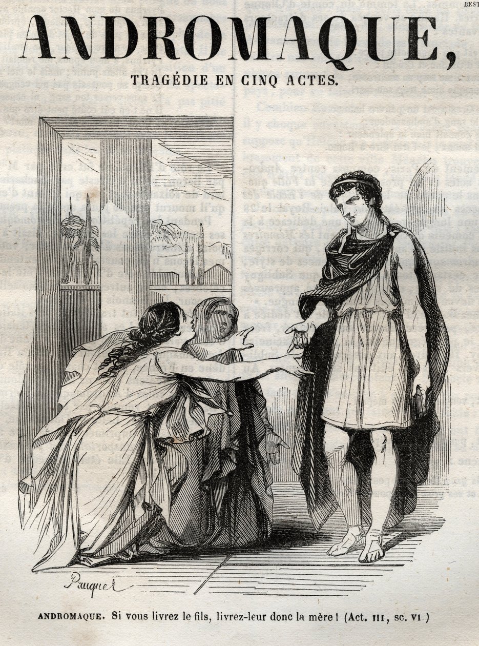 Tragédia andromática em cinco atos - gravura em "Oeuvres de Jean Racine" ilustrada por Pauquet e nota de Emile de La Bedolliere - 1851 de Hippolyte Louis Pauquet