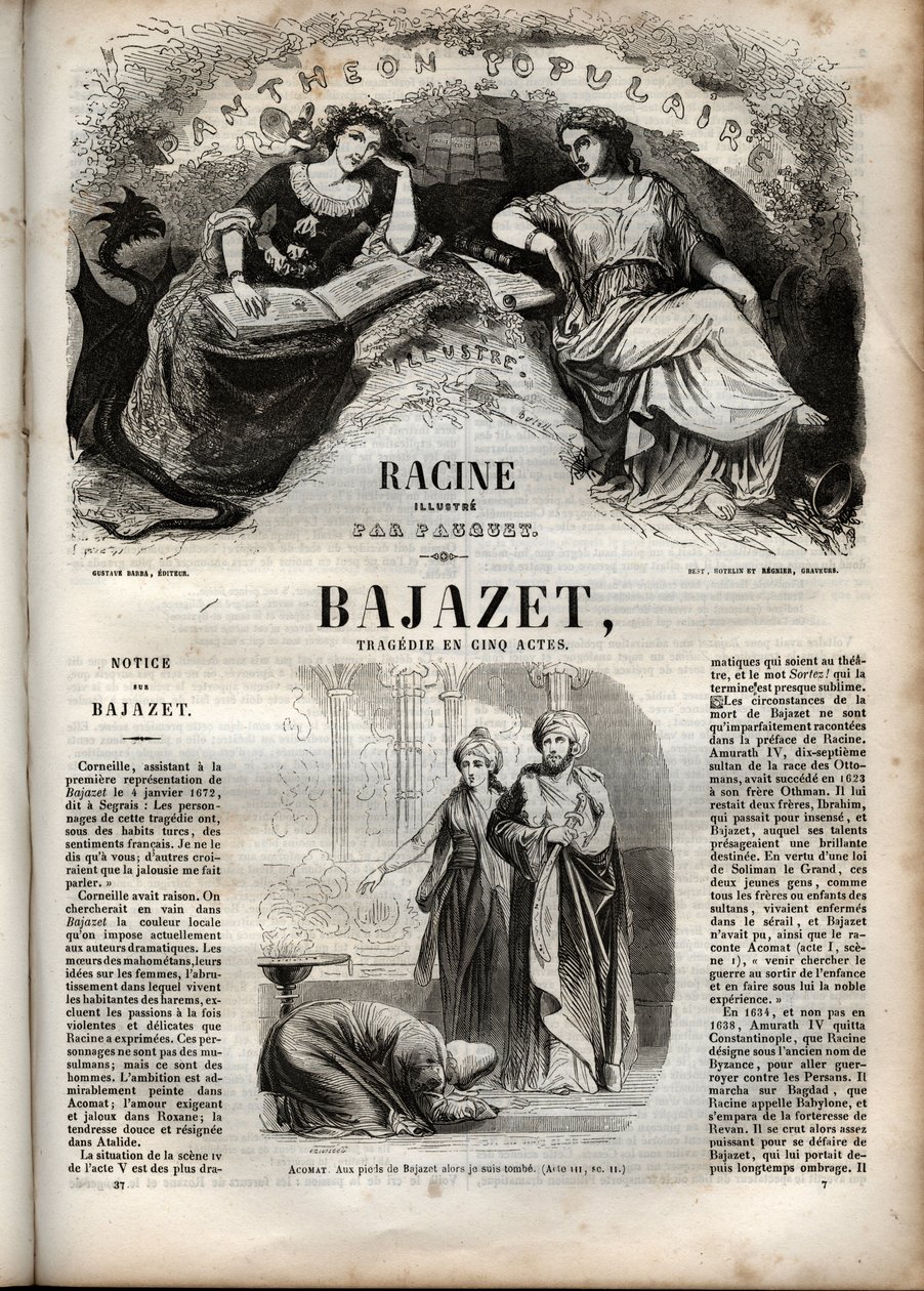 Tragédia Bajazet en cinq actes de Jean Racine gravada em "Oeuvres de Jean Racine" ilustrada por Pauquet e notada por Emile de La Bedolliere - 1851 de Hippolyte Louis Pauquet