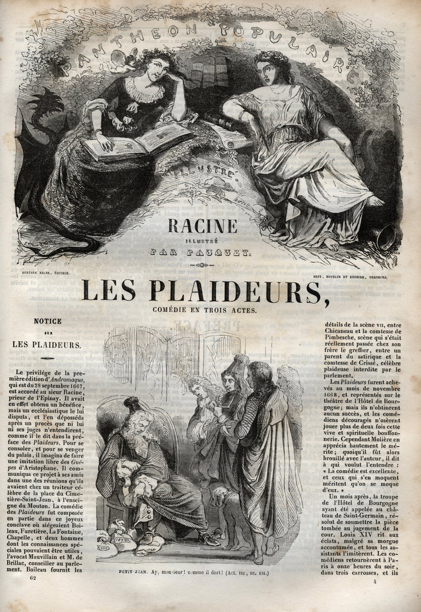 Les Plaideurs (1668) comédia em três atos - gravura em "Obras de Jean Racine" ilustrada por Pauquet e nota de Emile de La Bedolliere - 1851 de Hippolyte Louis Pauquet