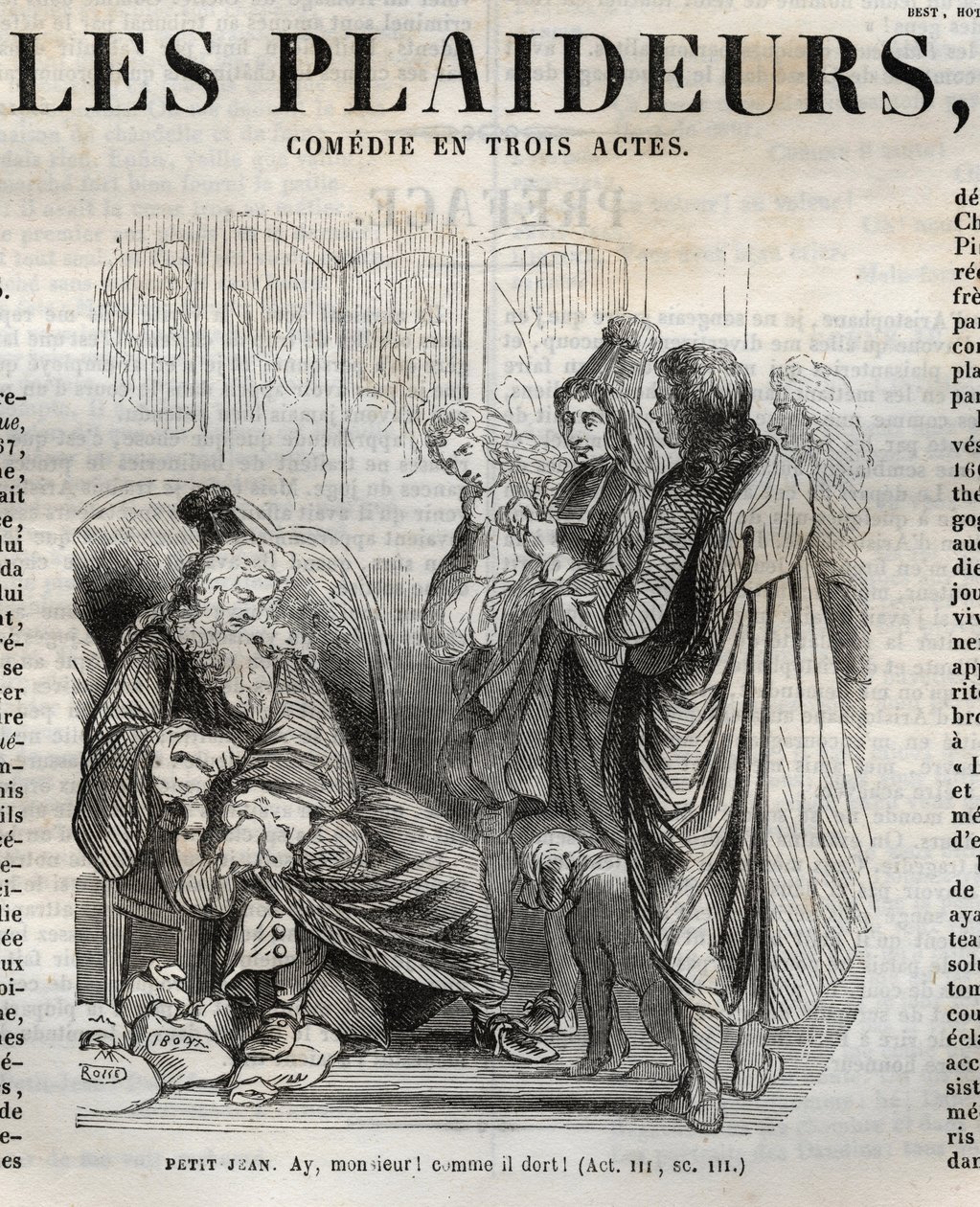 Les Plaideurs (1668) comédia em três atos - gravura em "Obras de Jean Racine" ilustrada por Pauquet e nota de Emile de La Bedolliere - 1851 de Hippolyte Louis Pauquet