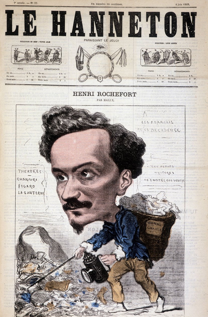 Desenho animado por Henri Rochefort (1831-1913), jornalista, escritor e político francês. Em Le Hanneton, 4 de junho de Hippolyte Mailly
