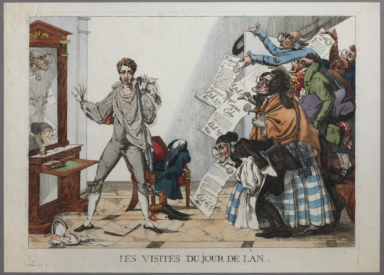 As Visitas de Ano Novo - (Uma multidão de credores passa pela porta do apartamento de um jovem brandindo notas pelas extravagâncias do ano anterior. Dezembro de 1814 Gravura colorida à mão) - Os Visitantes no Dia de Ano Novo pa de Hippolyte Pochon