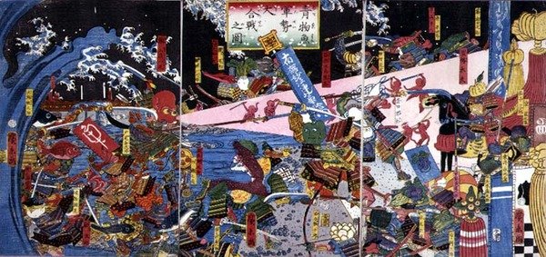 Paródia de uma cena de batalha, retratando a batalha de vegetais e peixes de Hirokage Utagawa