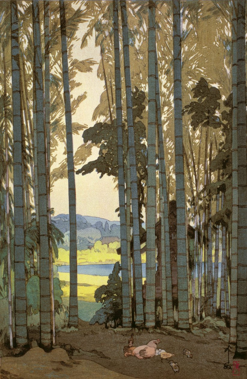 Galinhas na madeira de bambu (impressão a cores do bloco de madeira) de Hiroshi Yoshida