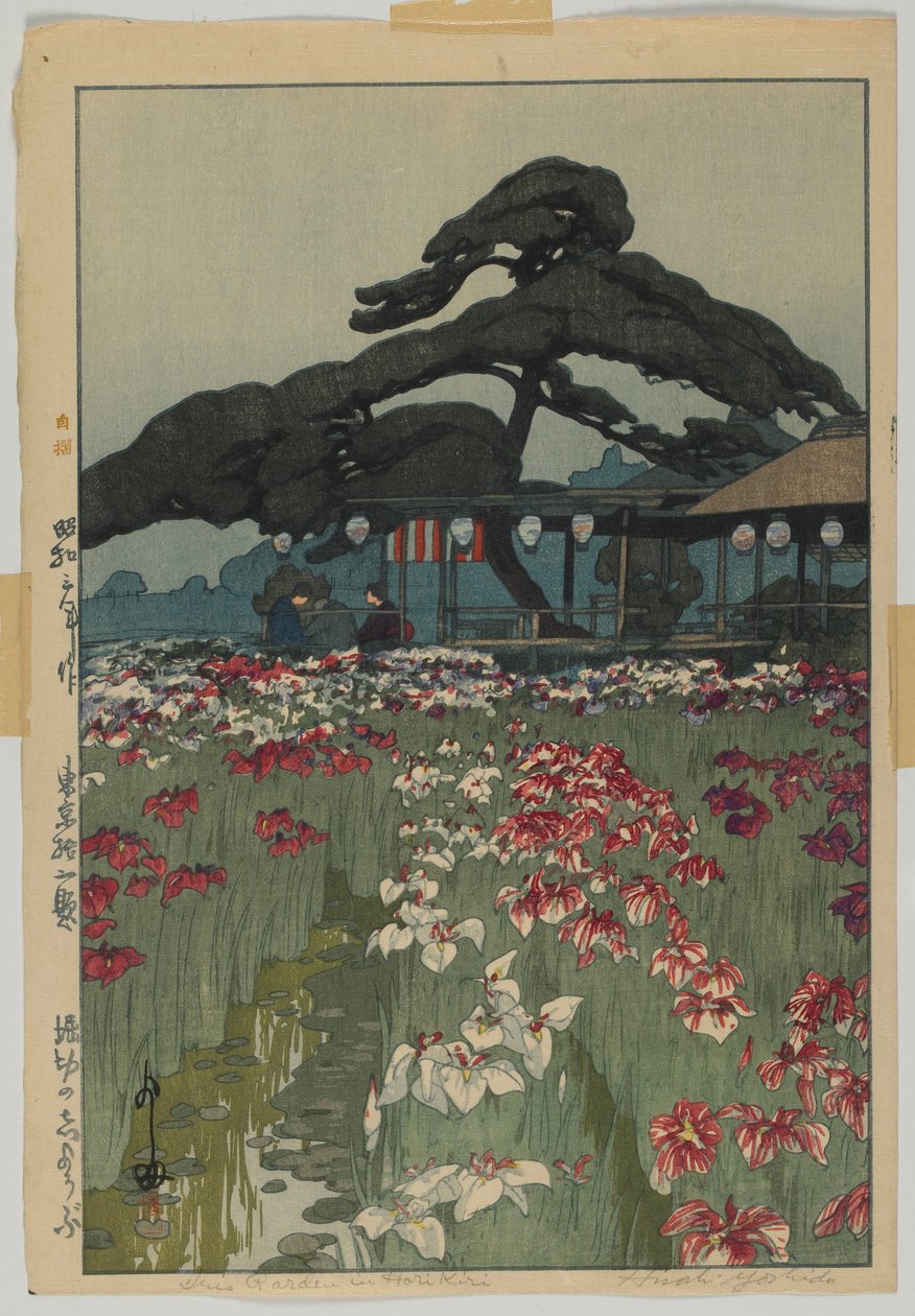 Iris Garden em Horikiri, da série, Twelve Scenes of Tokyo, era Showa de Hiroshi Yoshida