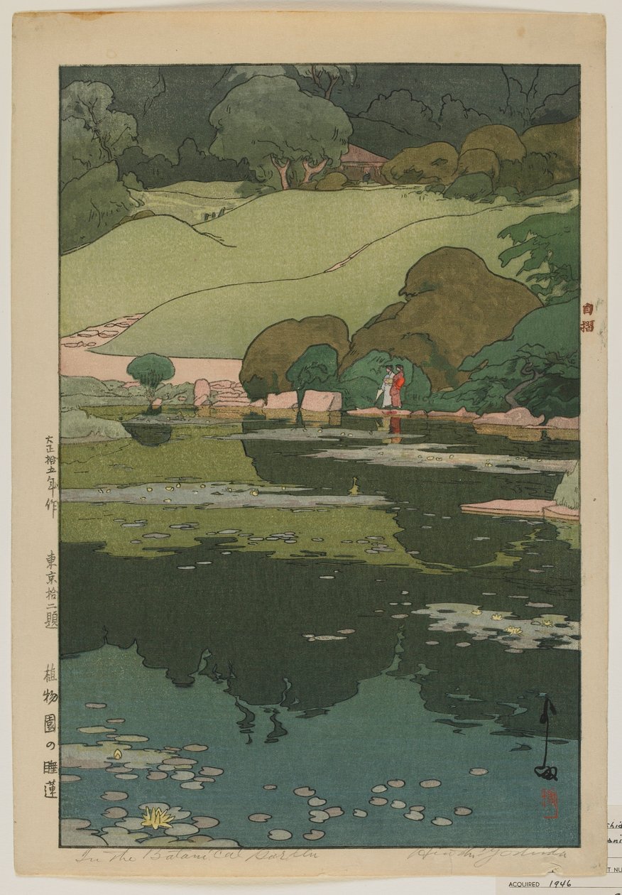 Lírios de Água no Jardim Botânico, da série, Twelve Scenes of Tokyo, Taisho era de Hiroshi Yoshida