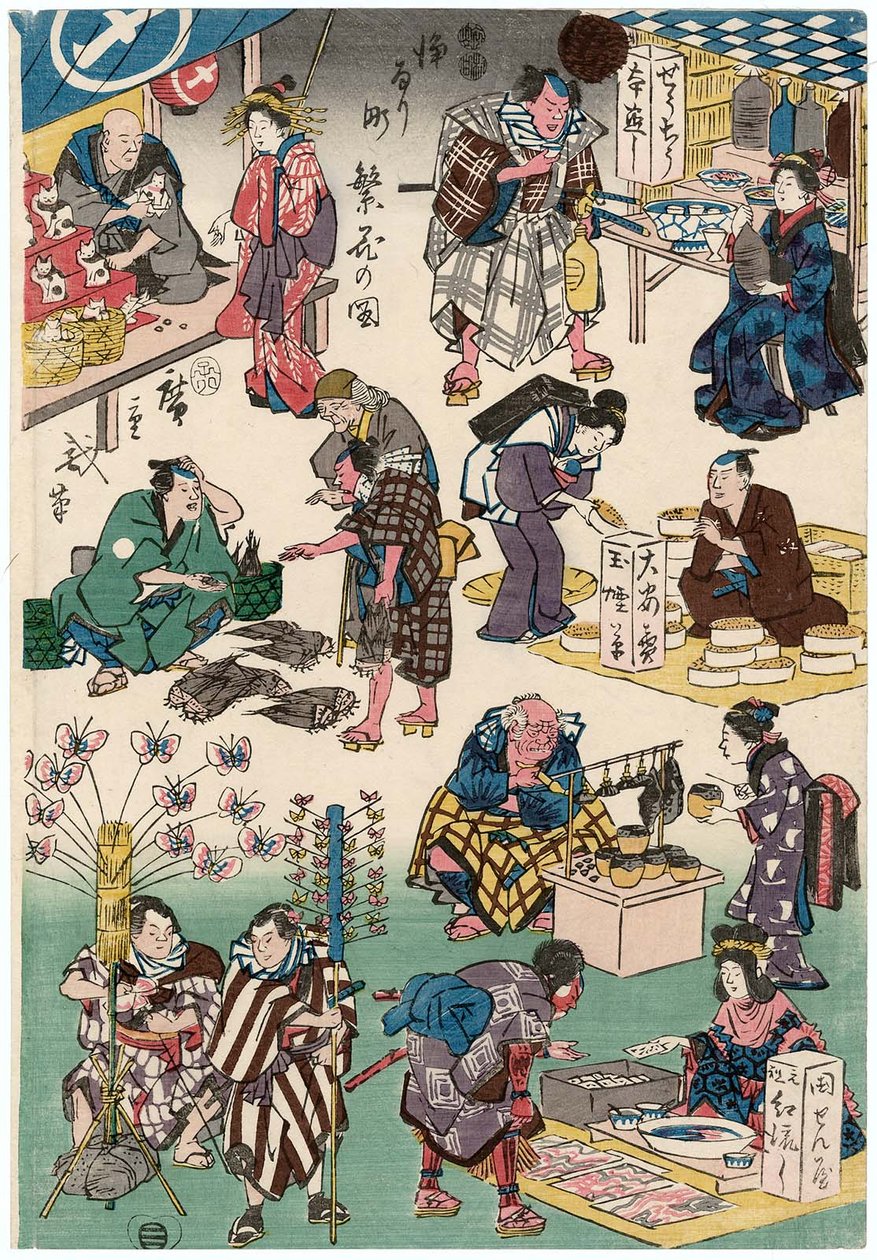 Personagens de Plays como comerciantes e clientes de Utagawa Hiroshige