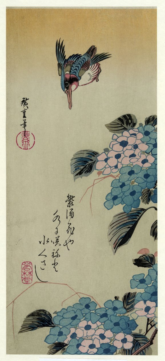 Ajisai ni Kawasemi (Hortênsia e Martim-pescador) de Utagawa Hiroshige