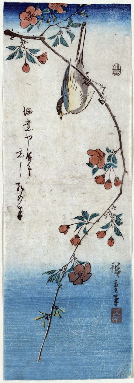 Kaido ni Shokin (Pássaro Pequeno em um Galho de Kaidozakura) de Utagawa Hiroshige