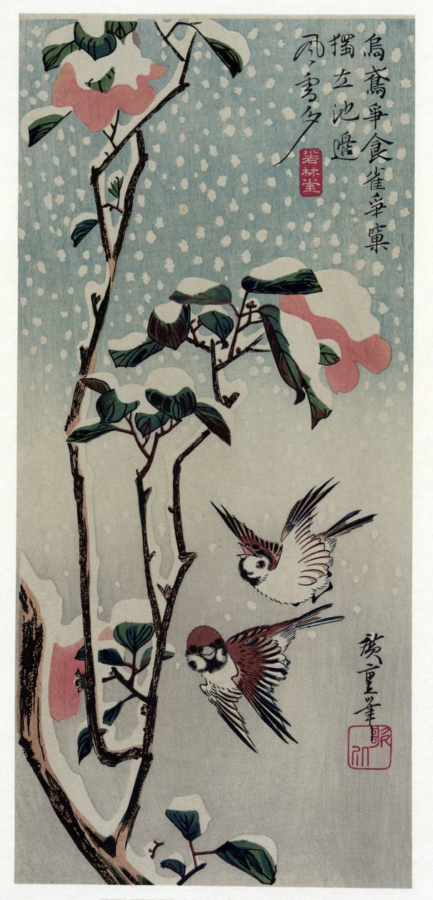 Secchu Tsubaki ni Suzume (pardais e camélias na neve) de Utagawa Hiroshige