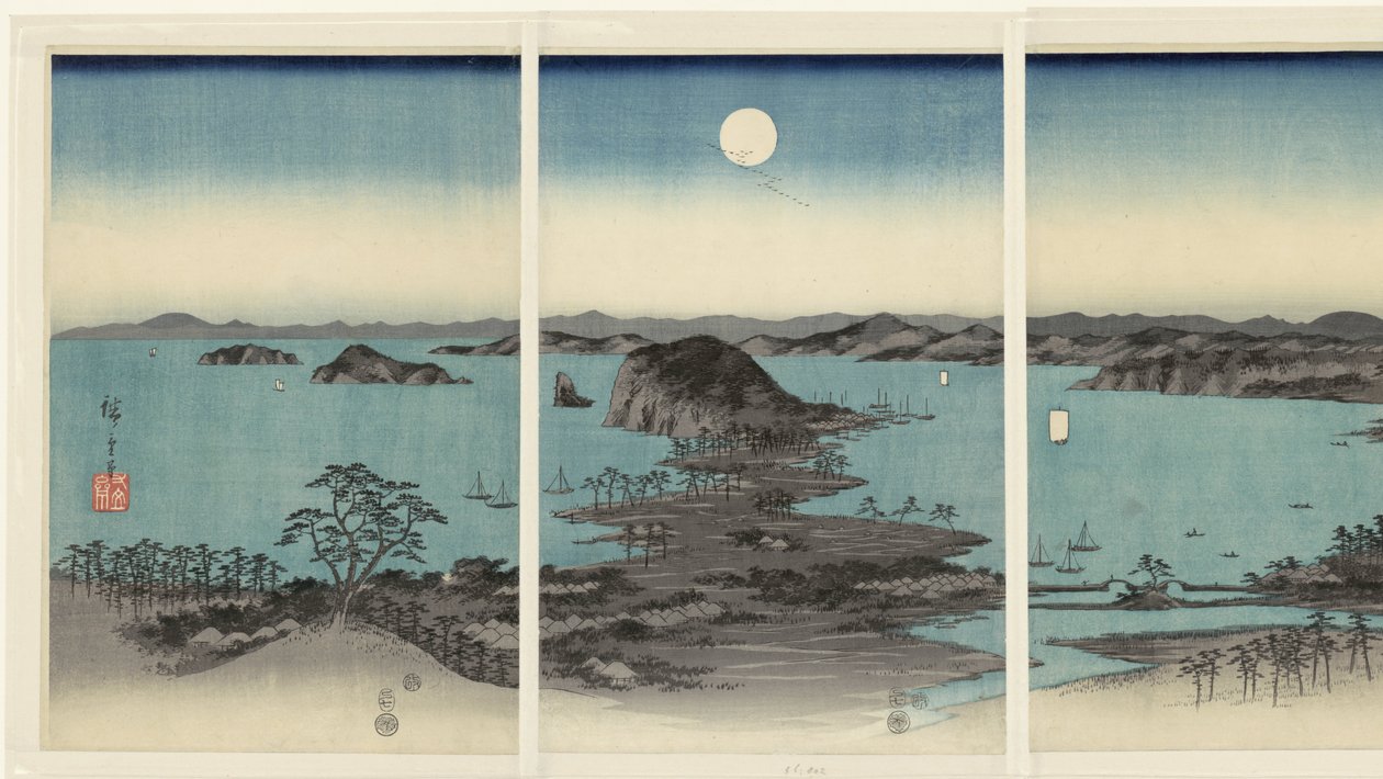 Panorama noturno das Oito Vistas de Kanazawa em Musashi. Buyo Kanazawa hassho yakei (título do objeto) Neve, Lua e Flores (título da série) Setsugekka (título da série) de Hiroshige (I) , Utagawa
