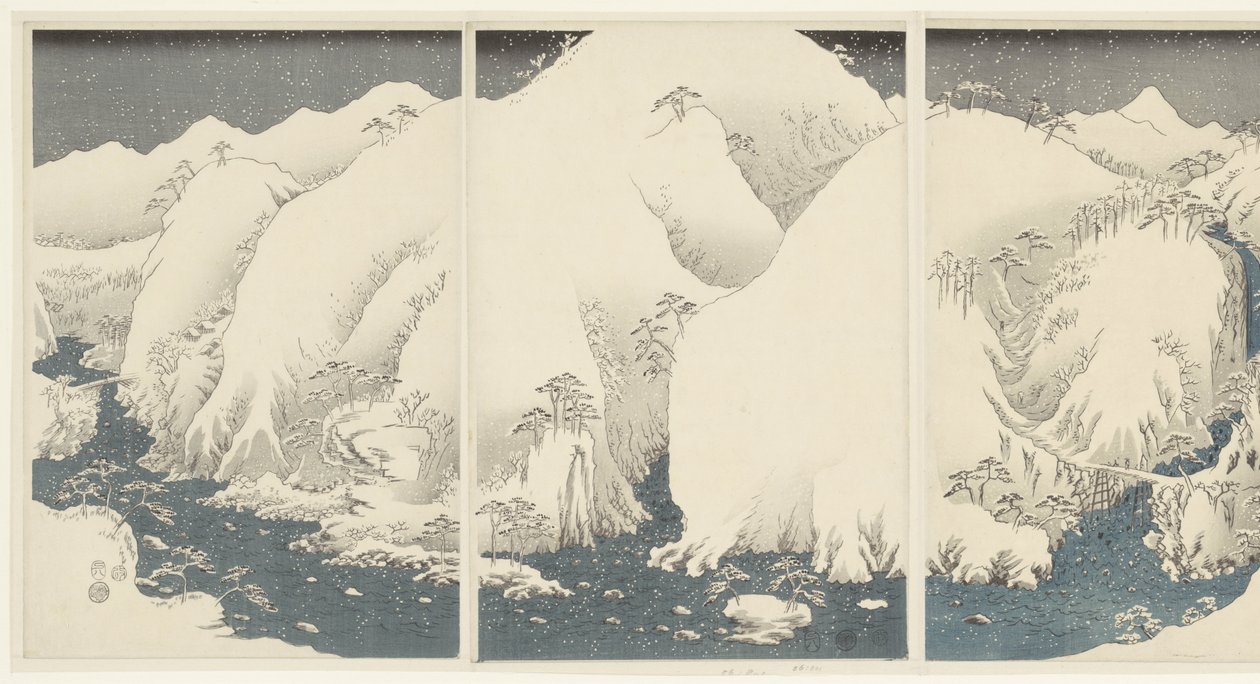 Montanhas e rios ao longo da rota Kiso Kisoji no yamakawa (título no objeto) Neve, Lua e Flores (título da série) Setsugekka (título da série) de Hiroshige (I) , Utagawa