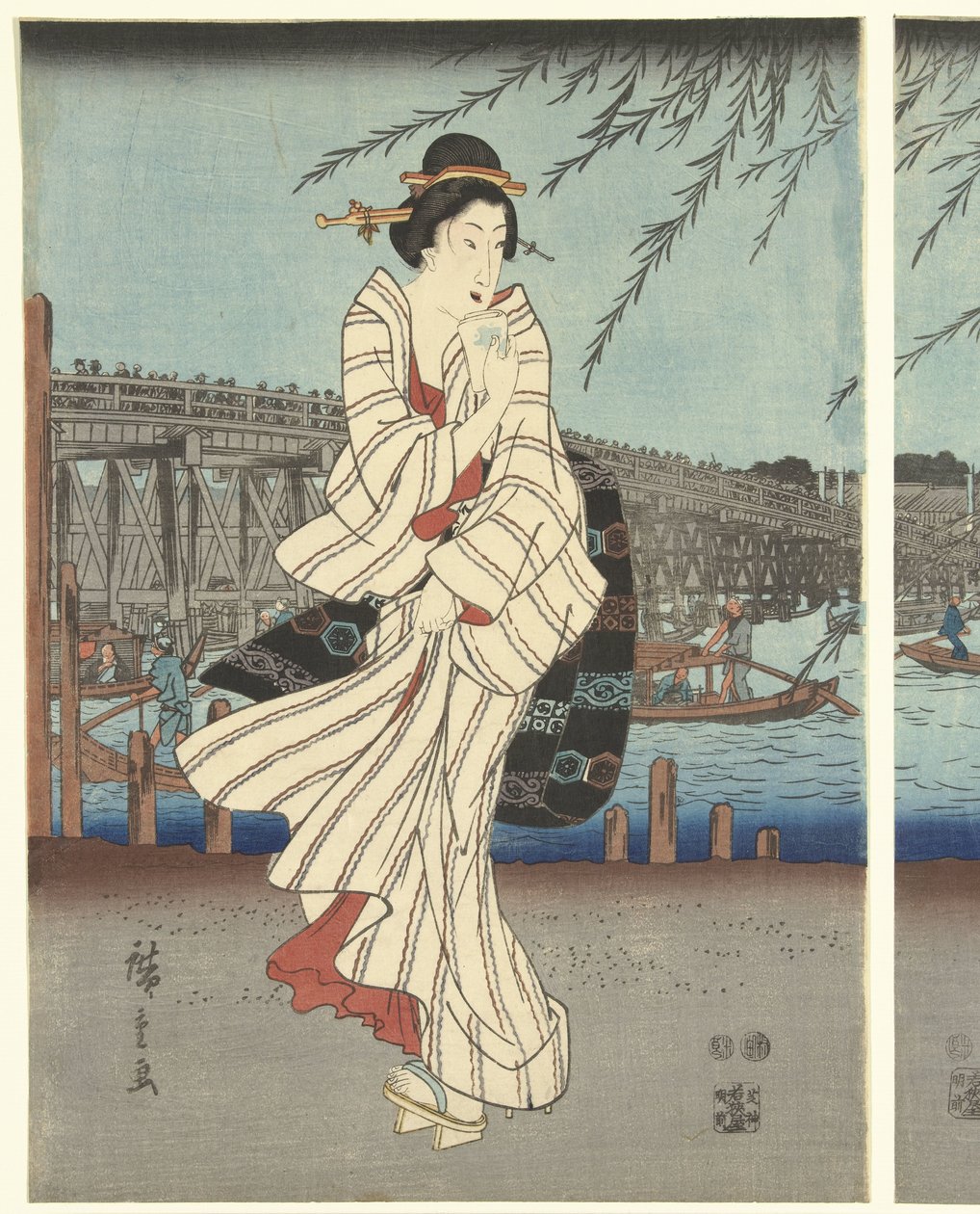 Lugares famosos na capital oriental: desfrutando de uma brisa noturna na ponte Ryogoku de Hiroshige (I) , Utagawa