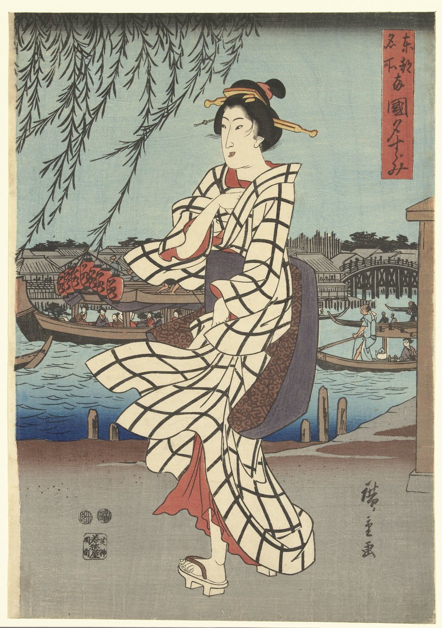 Lugares famosos na capital oriental: desfrutando de uma brisa noturna na ponte Ryogoku Toto meisho Ryogoku no yusuzumi (título do objeto) de Hiroshige (I) , Utagawa