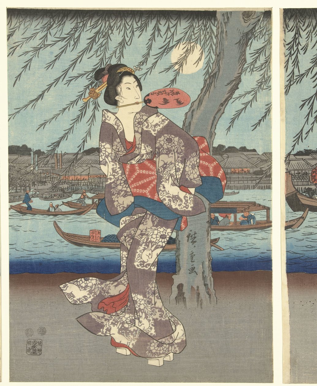 Pontos famosos na capital oriental: Desfrutar de uma brisa nocturna na ponte Ryogoku de Hiroshige (I) , Utagawa