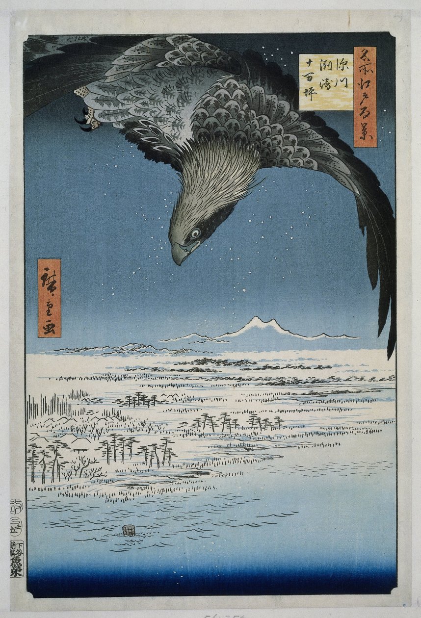 A planície de Jumantsubo em Susaki perto de Fukagawa
Fukagawa Susaki Jumantsubo (título sobre o objecto)
Cem pontos de vista famosos de Edo (título da série)
Meisho Edo hyakkei (título da série sobre o objecto) de Hiroshige (I) , Utagawa