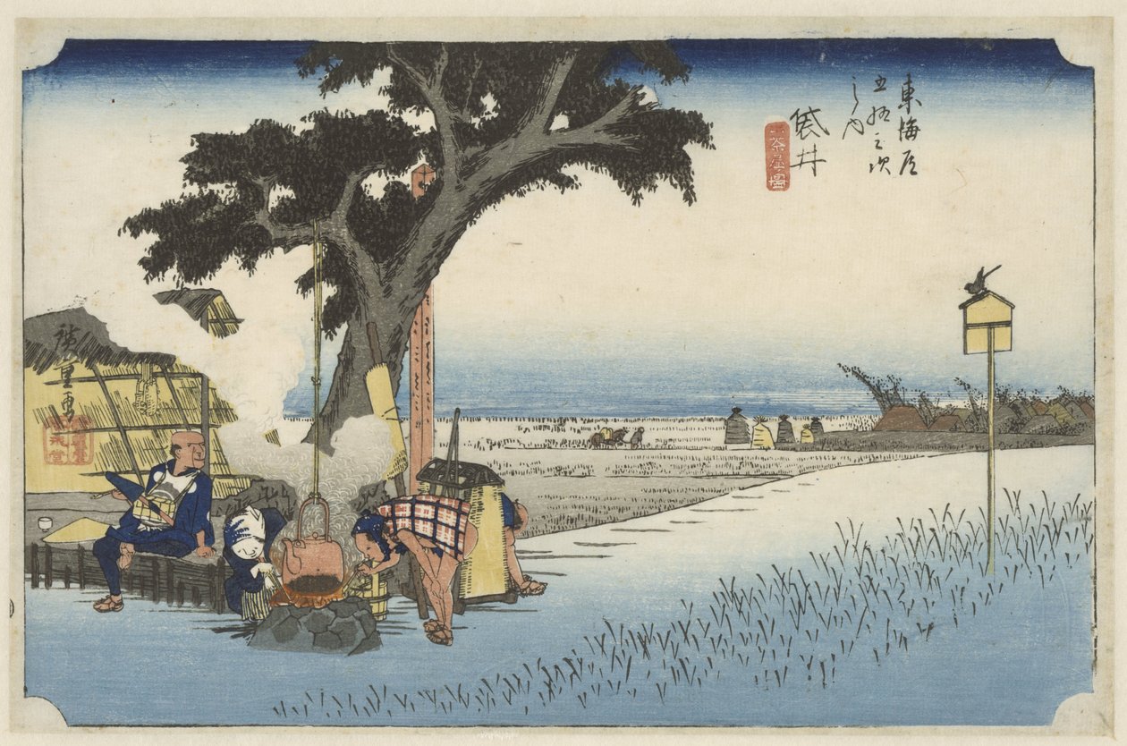 Casa de chá ao ar livre em Fukuroi
Fukuroi, dechaya no zu (título sobre o objecto)
As 53 estações do Tokaido (título da série)
Tokaido gojusan tsugi no uchi (título da série) de Hiroshige (I) , Utagawa