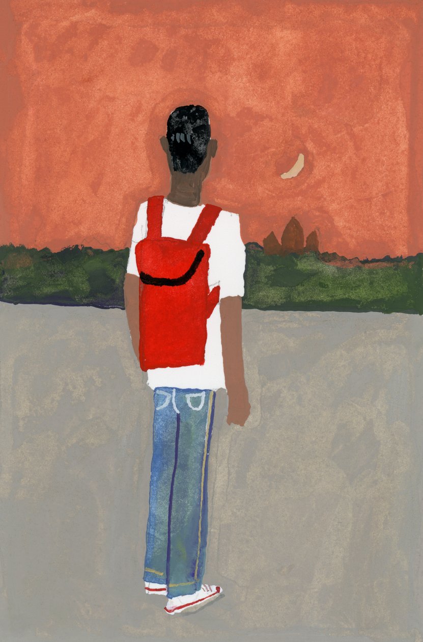 Um viajante carregando uma mochila vermelha, 2016, de Hiroyuki Izutsu