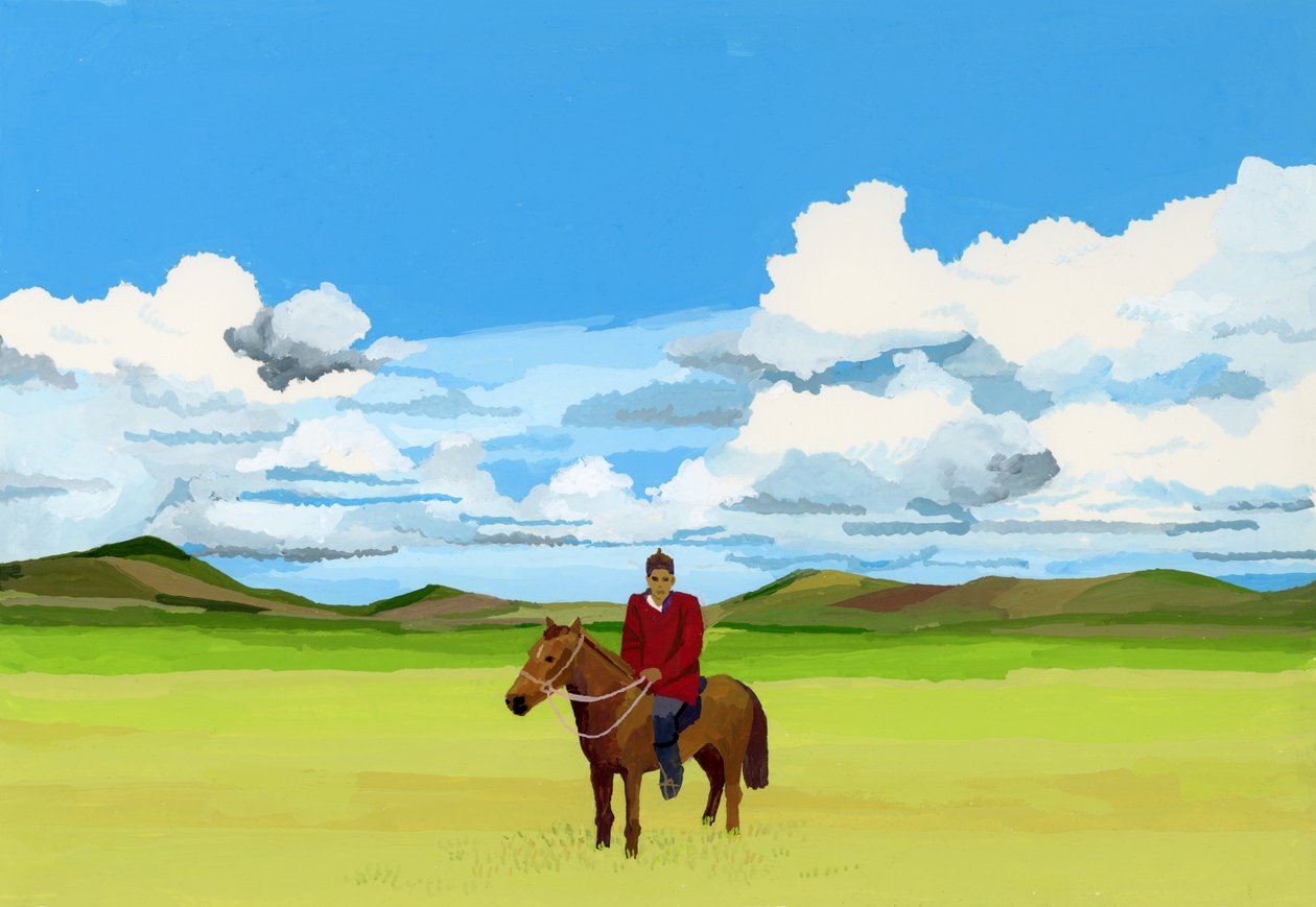 Estepes Mongóis e pessoas a cavalo, 2015 (Gouche em papel) de Hiroyuki Izutsu