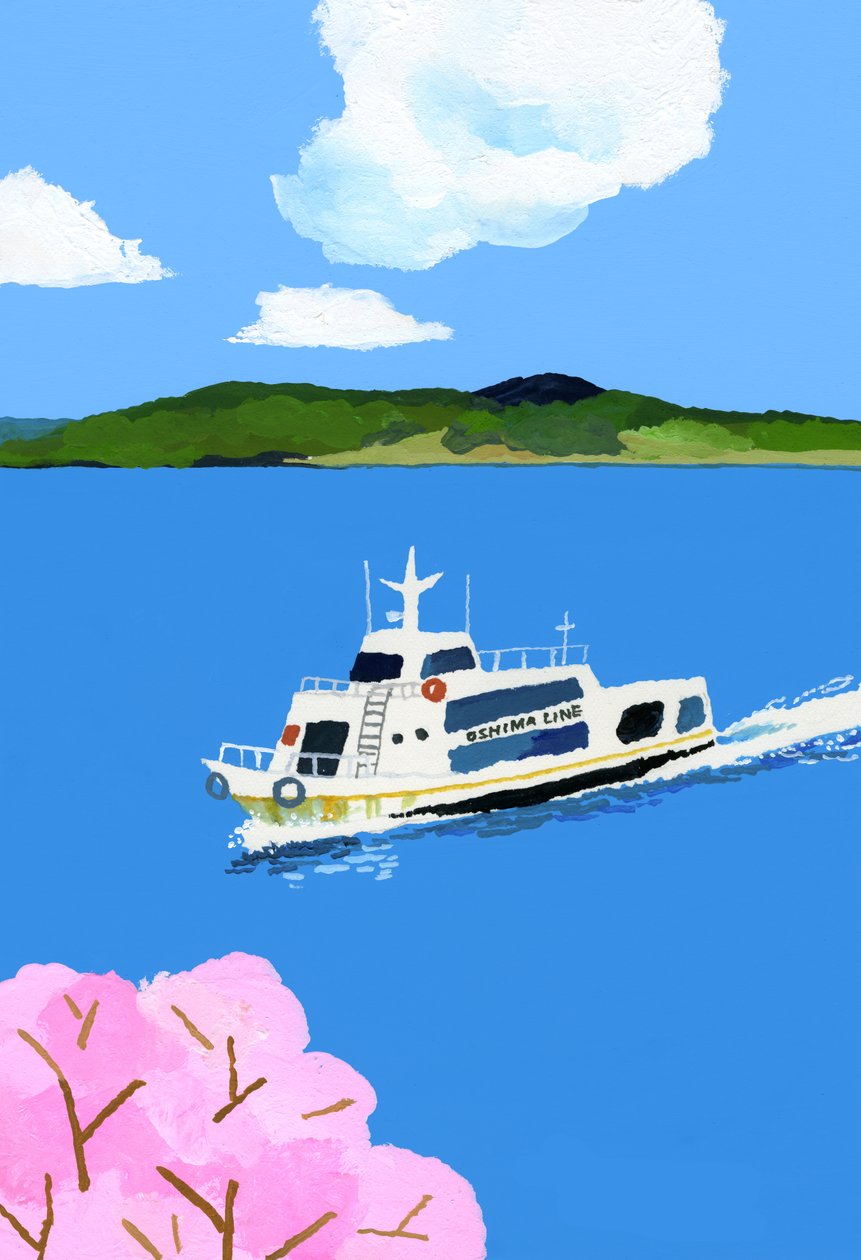 Barco turístico e flor de cerejeira de Hiroyuki Izutsu