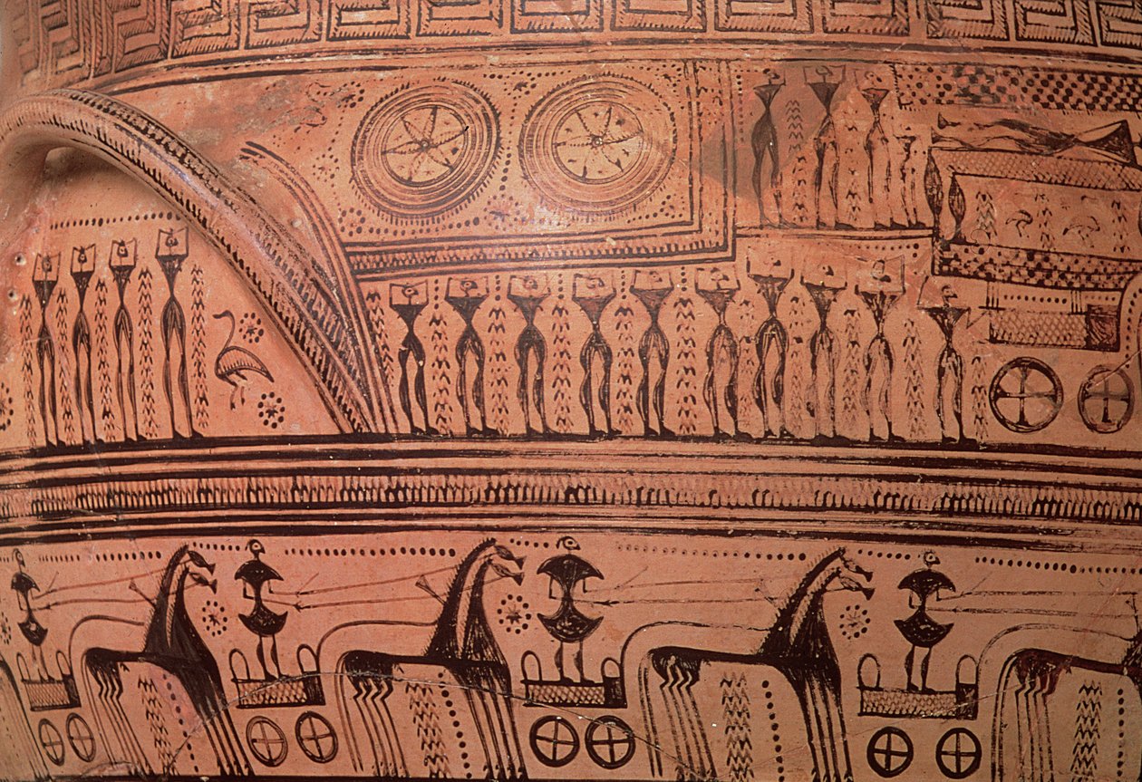Krater geométrico ático, de Dipylon, 750-735 aC (cerâmica) (detalhe de Hirschfeld painter