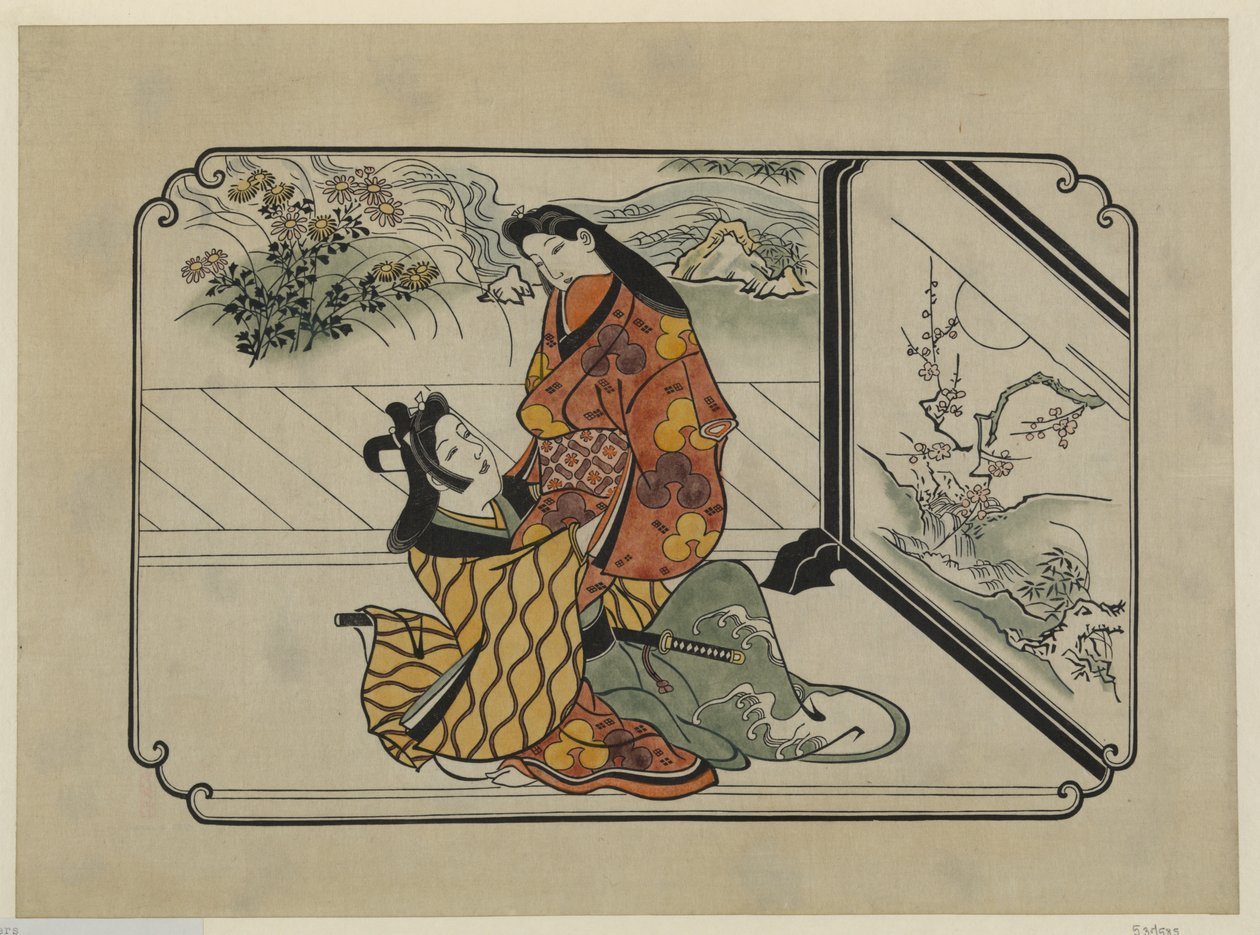 Mão-colorido ukiyo-e print Dois amantes se abraçando na frente de uma tela pintada de Hishikawa Moronobu