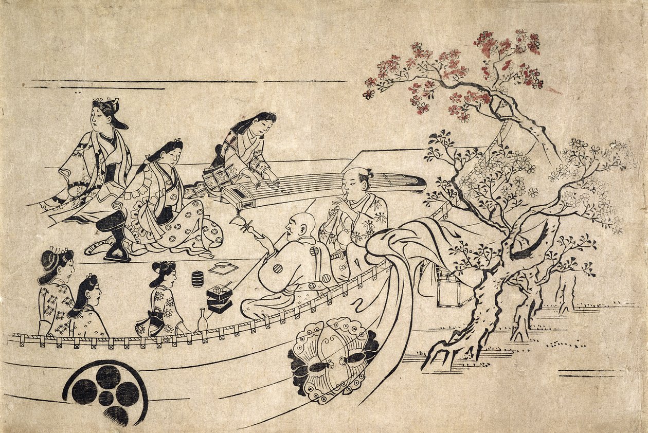 Música sob a cerejeira em Ueno, c.1680 (impressão em xilogravura) de Hishikawa Moronobu
