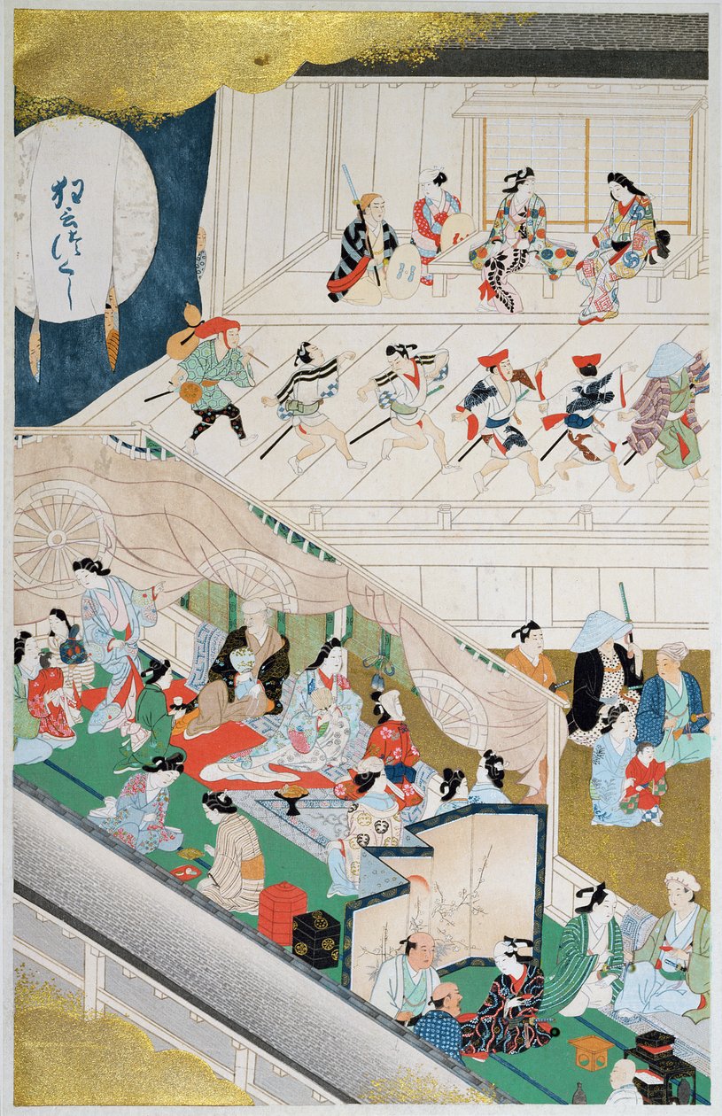 Cena do teatro popular japonês durante o período de Genroku (1688-1704), ilustração da revista &39;Kokka&39;, agosto de 1908 de Hishikawa Moronobu